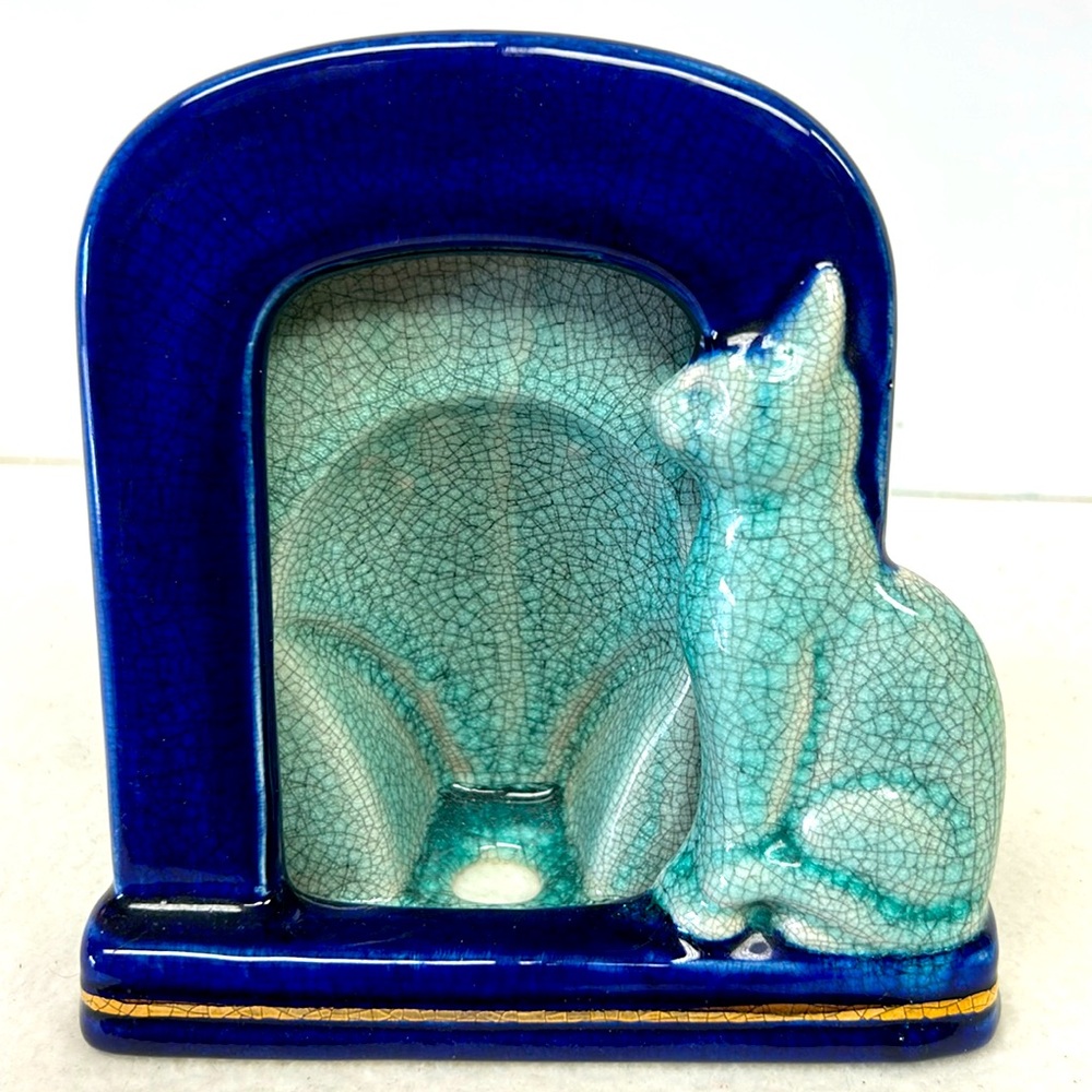 Vintage Takahashi blue crackle porcelain 5.5 x 6  cat frame Japan